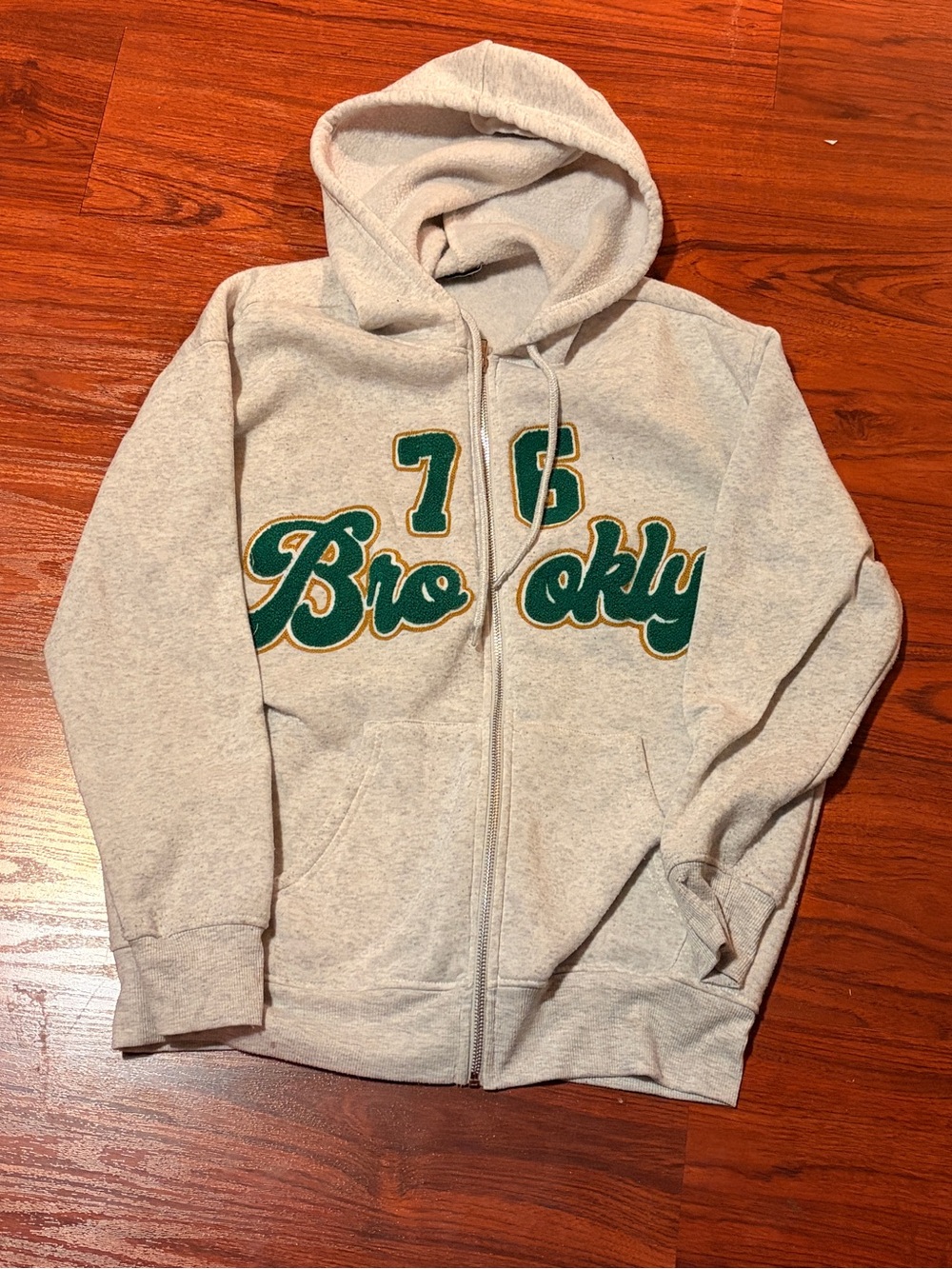 Women's Cream Teddy Zip Hoodie with Green Applique